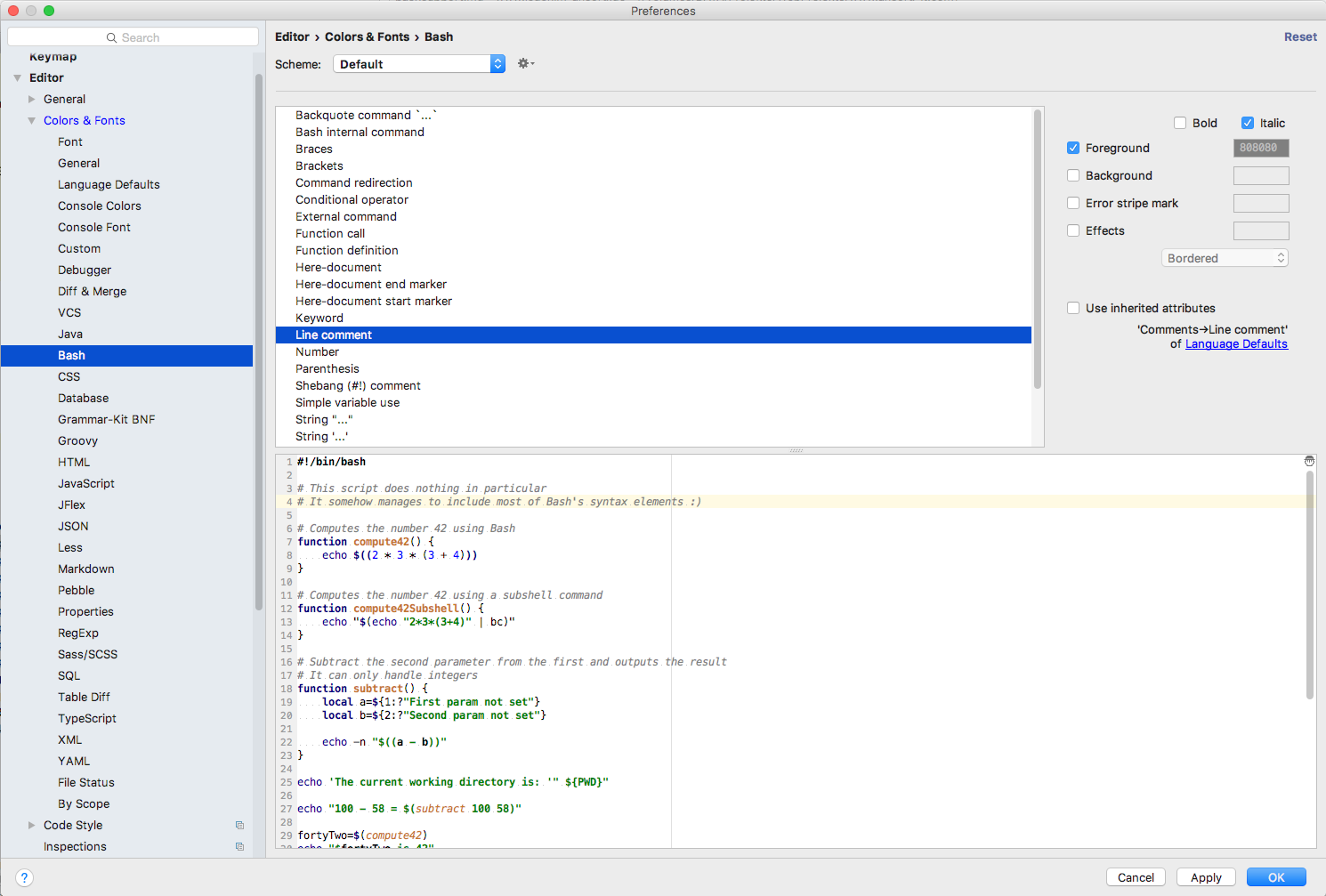 Color and font settings