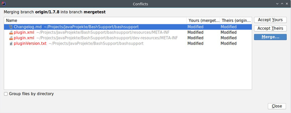 IntelliJ window showing a list of conflicts