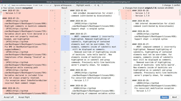 IntelliJ window showing a 3-way diff